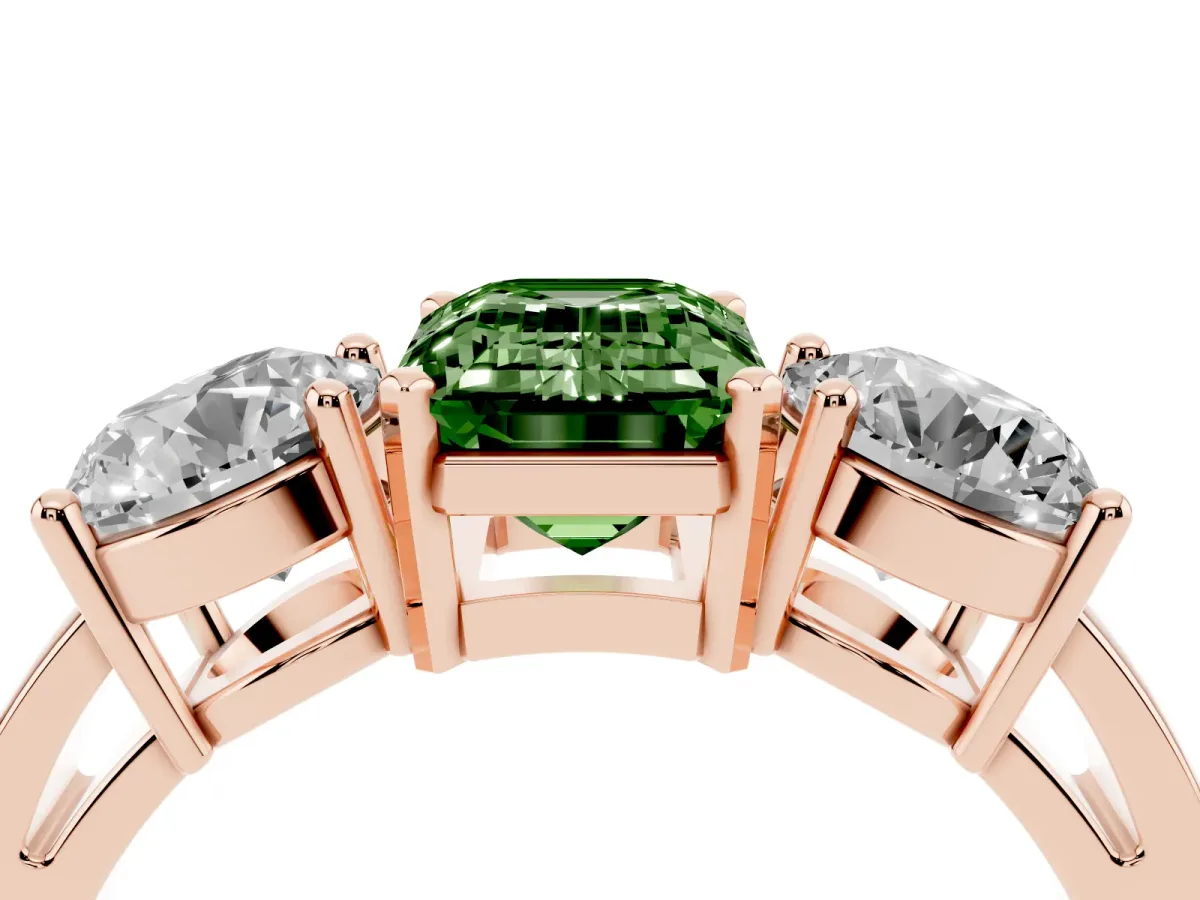 Fancy Green Three-Stone Emerald Cut Diamond Ring with Round Side Stones, Classic Band, and Four-Prong Setting Rose gold