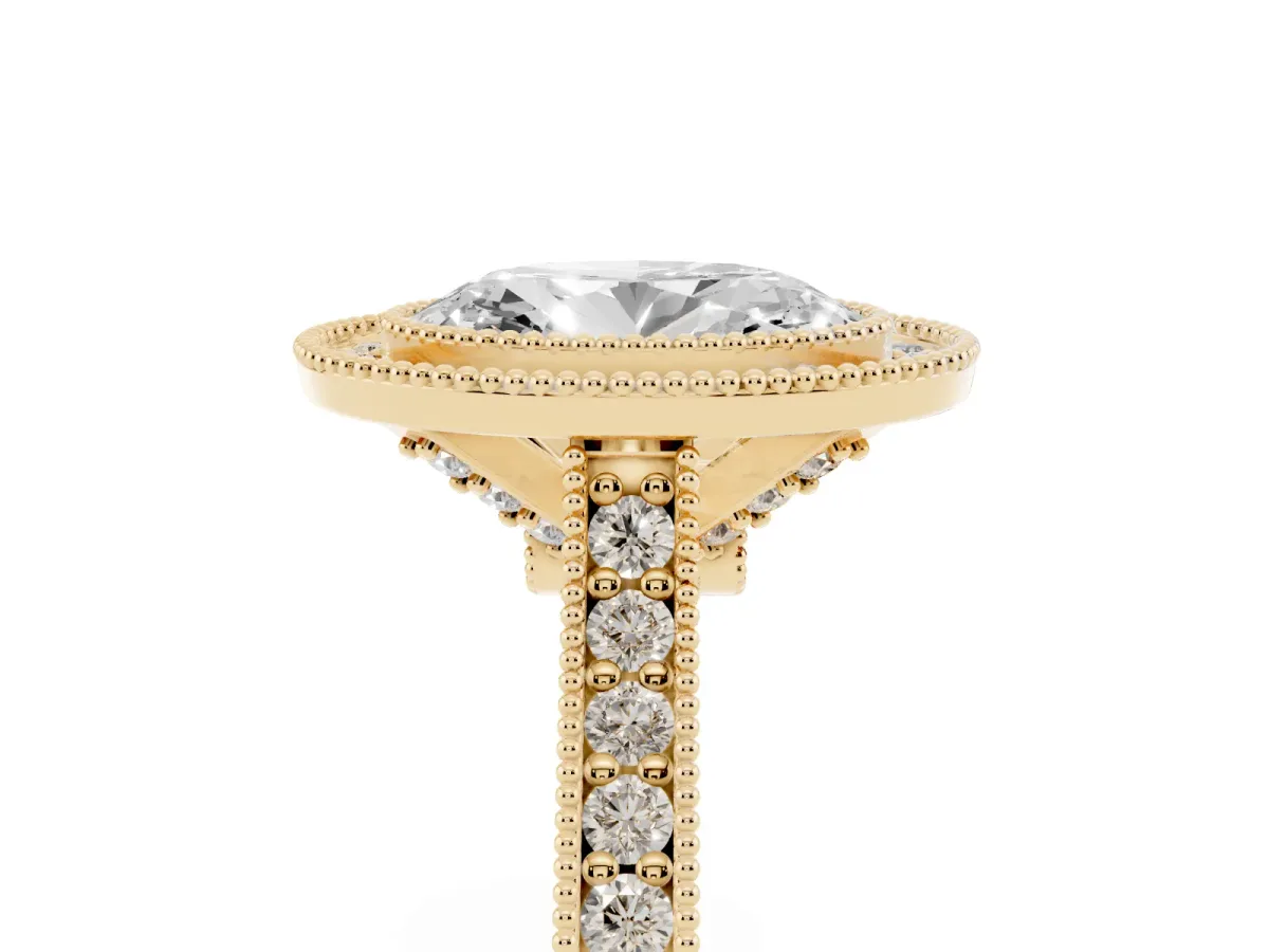 Halo Oval Cut-Cut Diamond Pave Band Milgrain Prong Setting Ring Yellow gold
