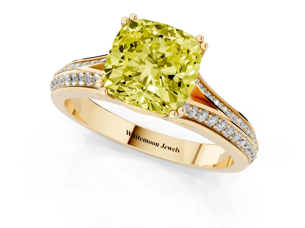 Fancy Yellow Cushion Cut Diamond Split Shank Engagement Ring with Pavé Band Yellow gold