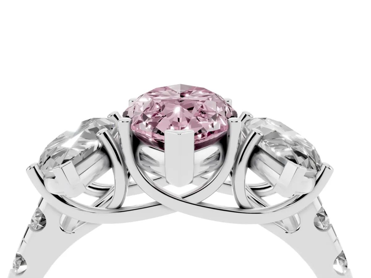 Fancy Pink Three-Stone Marquise Cut Diamond Pavé Band with Prong Setting Platinum