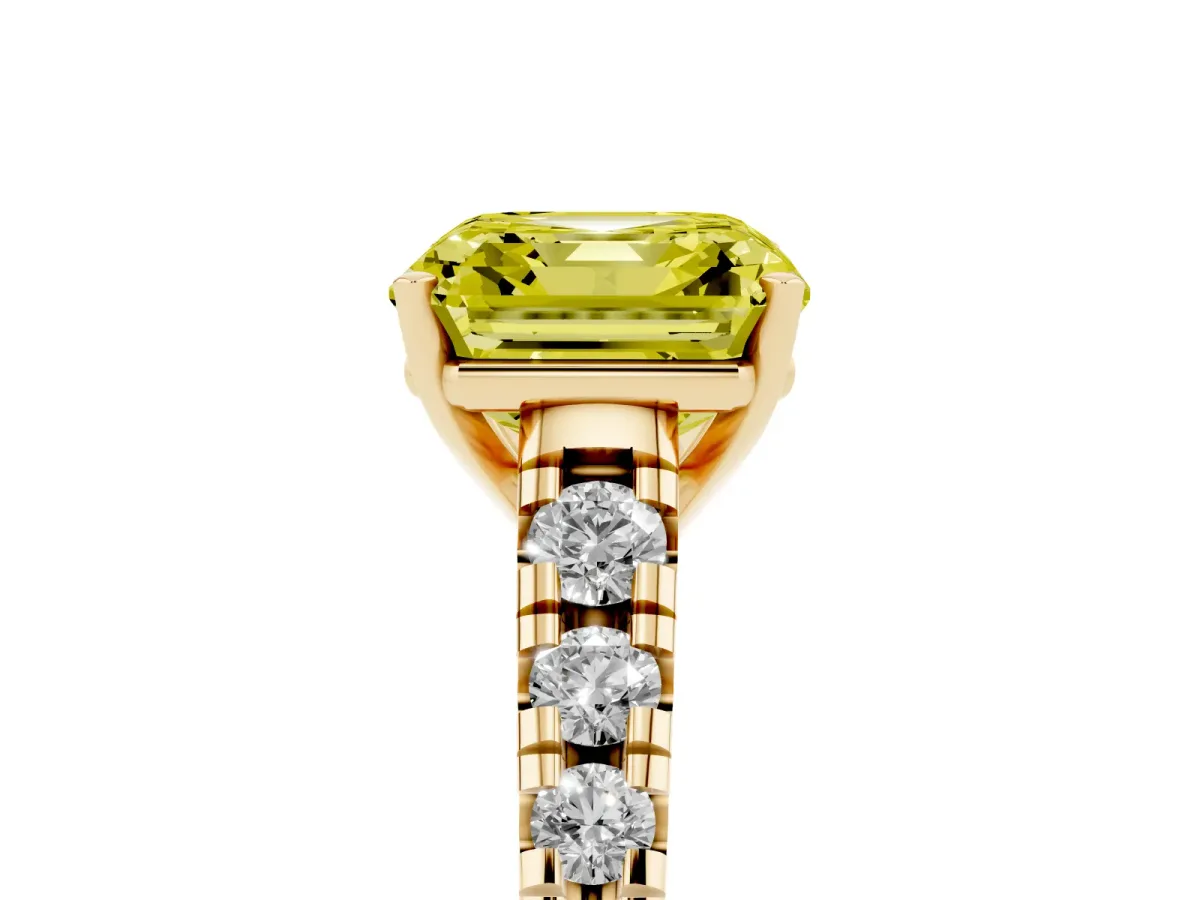 Fancy Yellow Asscher Cut Diamond Cathedral Solitaire Ring with Round Pavé Band Yellow gold