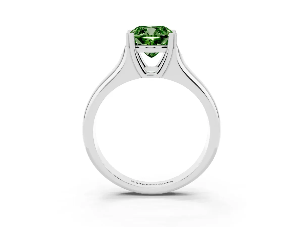 Fancy Green Cushion Cut Diamond Solitaire Ring with Wide Band and Prong Setting Silver