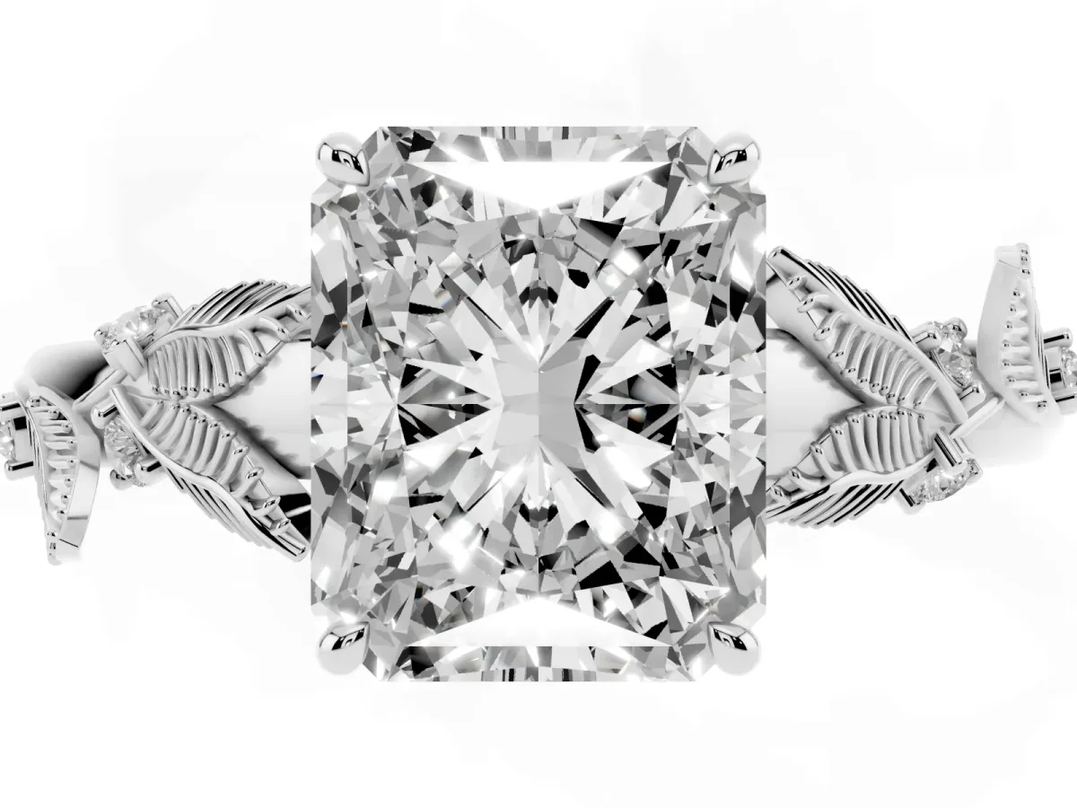 Radiant Cut Diamond Solitaire Ring with Leaf Motif Band and Four-Prong Setting Silver
