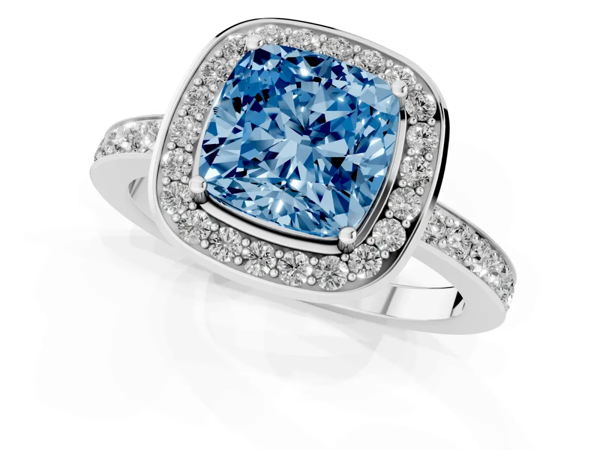 Fancy Blue Cushion Cut Diamond Halo Ring with Bezel Frame and Pavé Band Silver