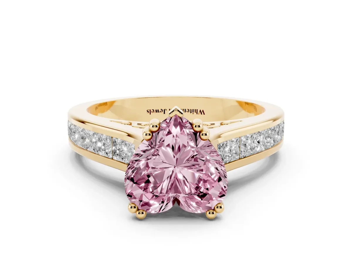 Fancy Pink Heart Cut Cut Channel Set Solitaire Engagement Ring with Prong Setting Yellow gold