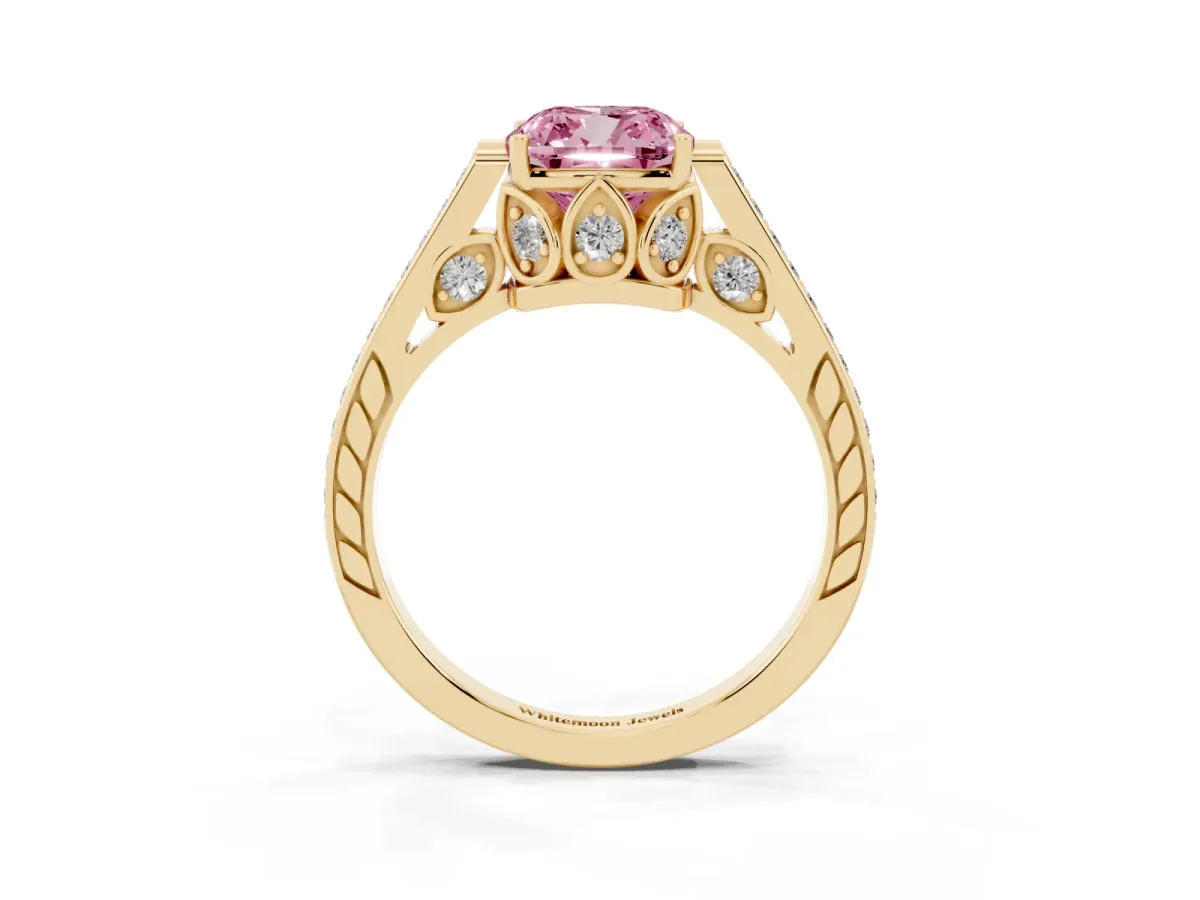 Fancy Pink Cushion Cut Cut Cathedral Pave Diamond Engagement Ring with Six-Prong Setting Yellow gold