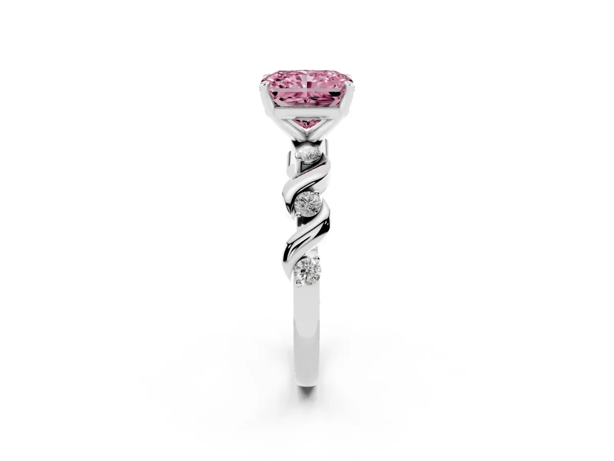 Fancy Pink Radiant Cut Diamond Solitaire Twisted Band with Round Accents and Prong Setting White gold