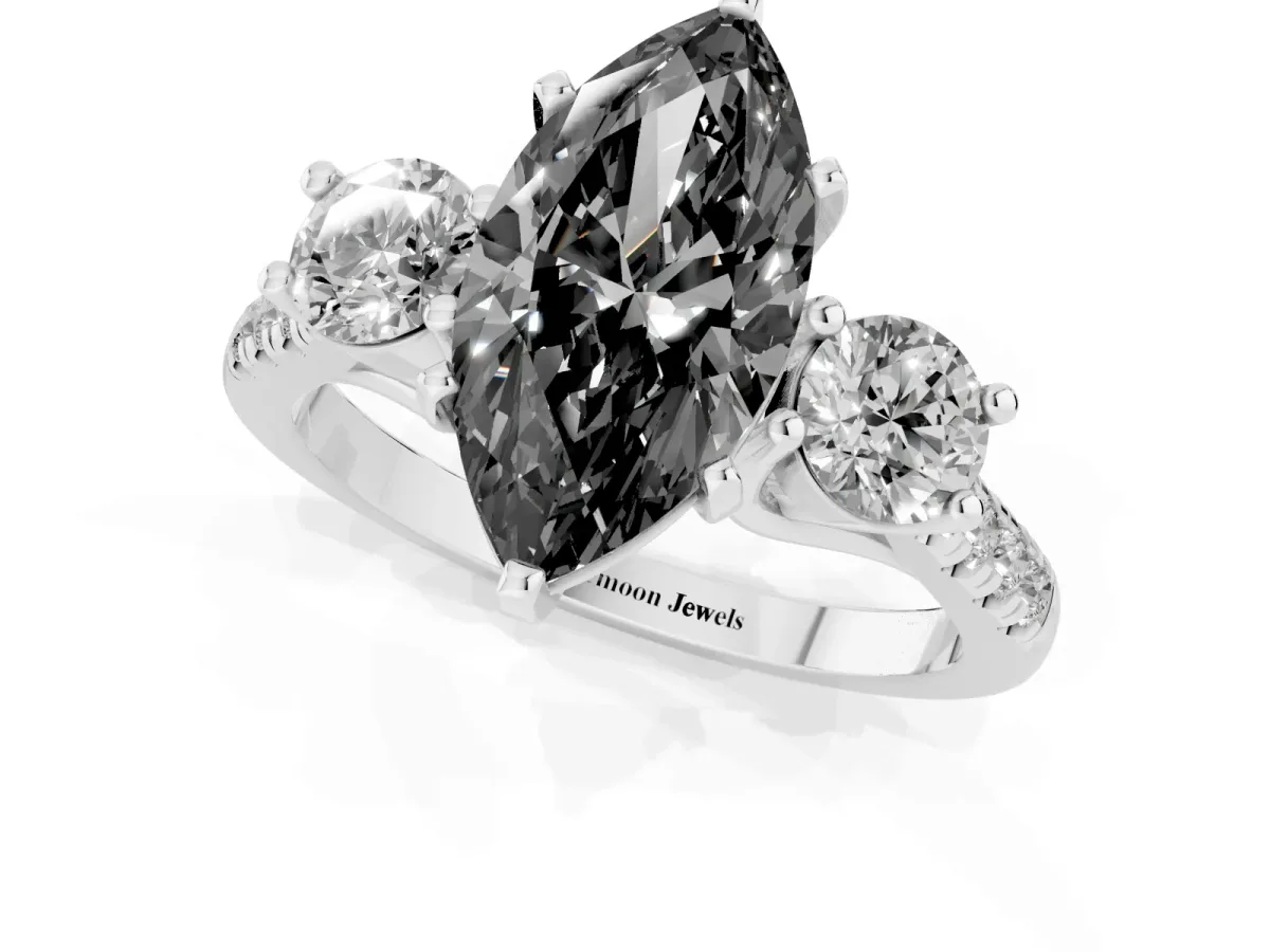 Fancy Black Three-Stone Marquise Cut Diamond Pavé Band with Four-Prong Setting Silver