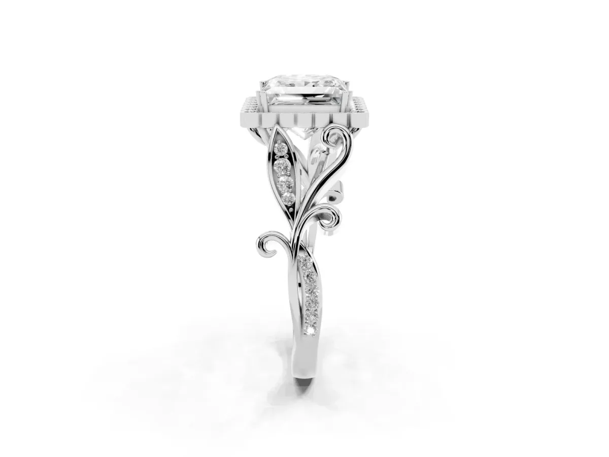 Princess Cut Diamond Halo Ring with Vintage Split Shank and Four-Prong Setting Silver