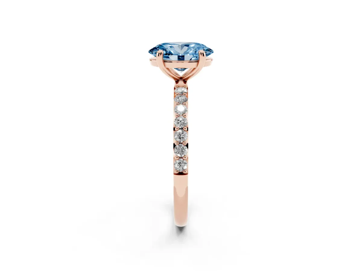 Fancy Blue Oval Cut Diamond Solitaire Ring with Round Pavé Band and Prong Setting Rose gold