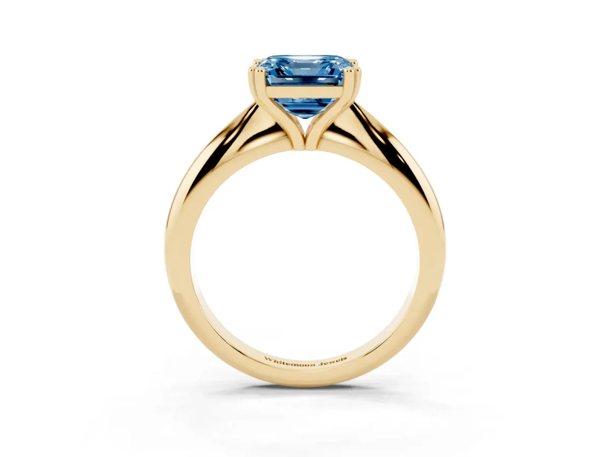 Fancy Blue Asscher Cut Cut Solitaire Engagement Ring with Tapered Band and Four-Prong Setting Yellow gold
