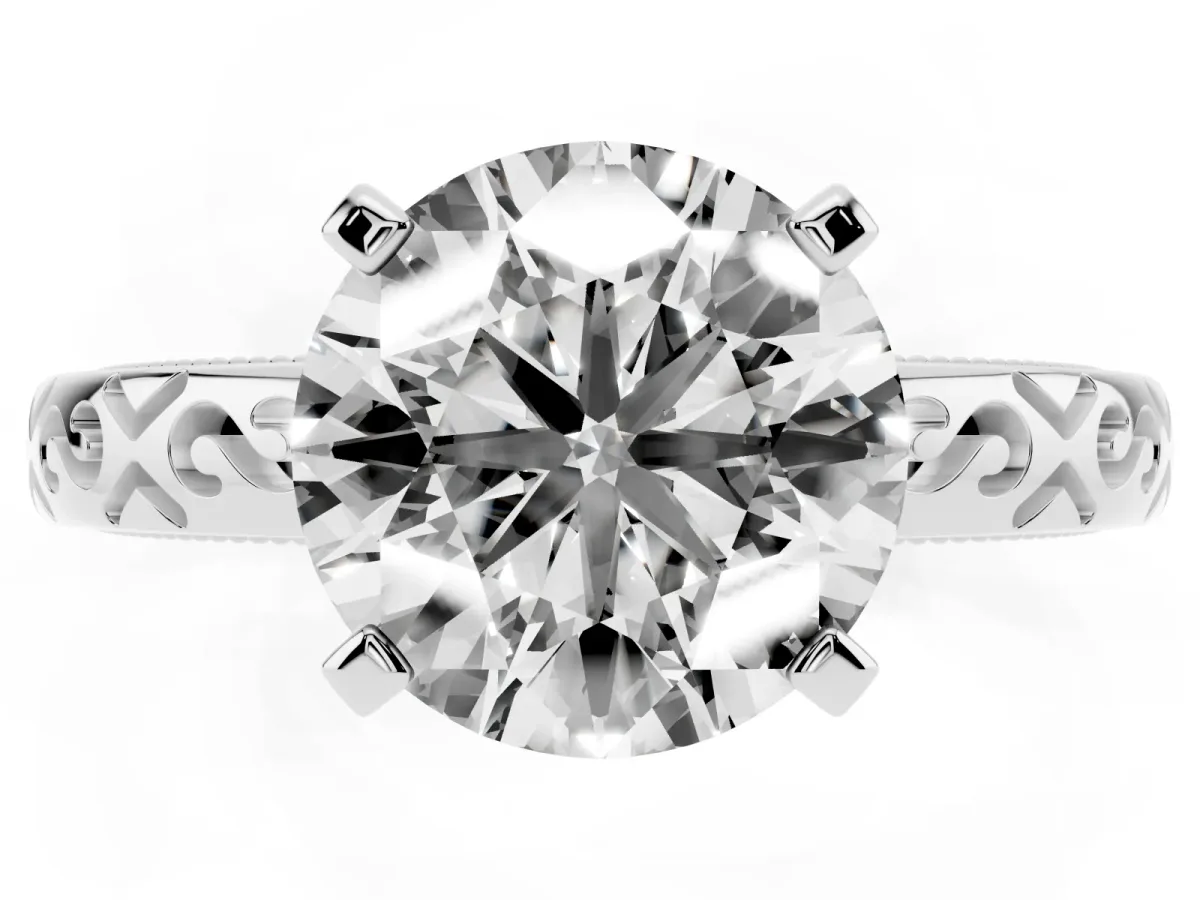 Round Cut Solitaire Engagement Ring with Scrollwork Band and Four-Prong Setting Silver