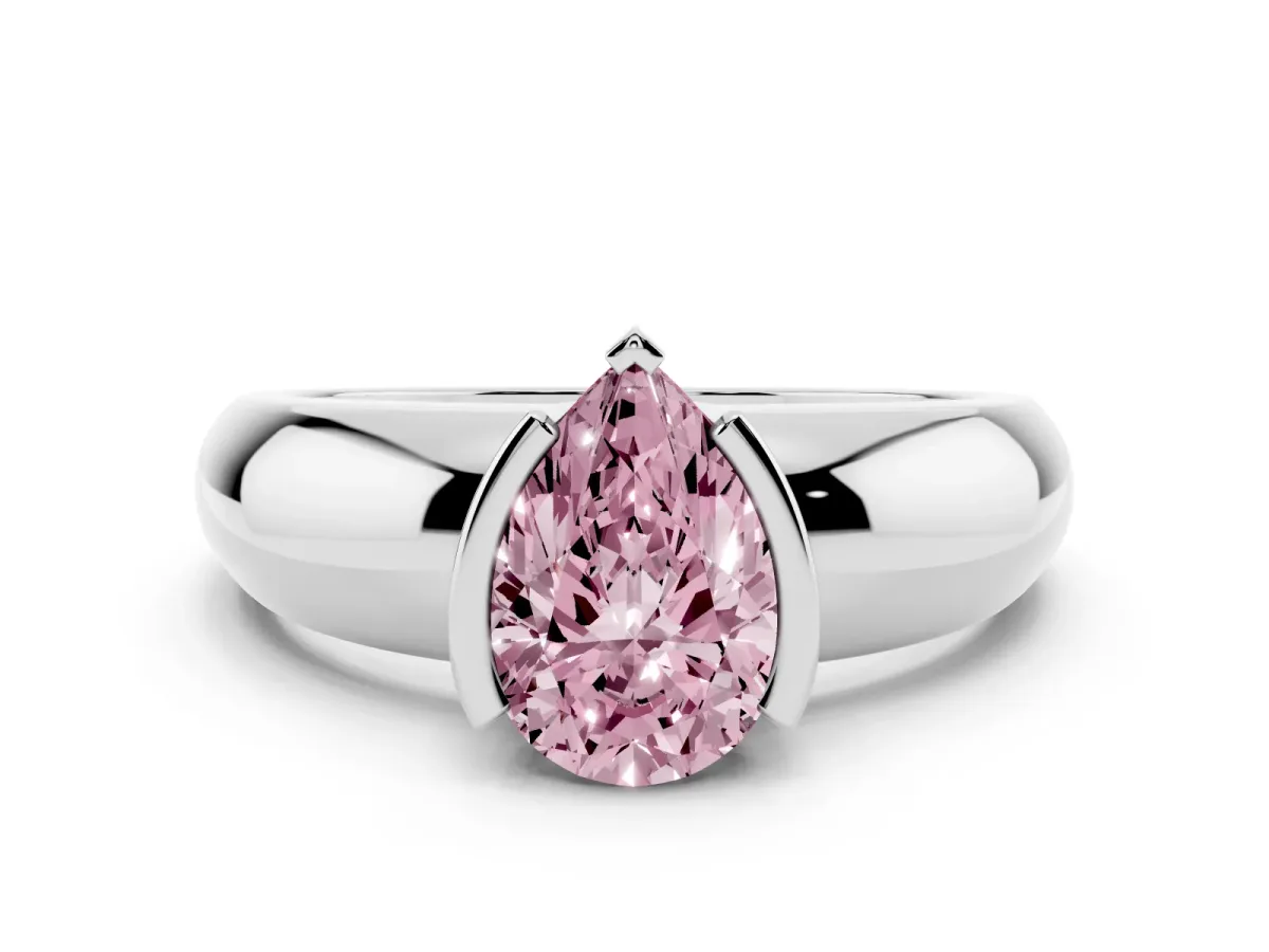 Fancy Pink Pear Cut Solitaire Tension Set Diamond Ring with Wide Band Platinum