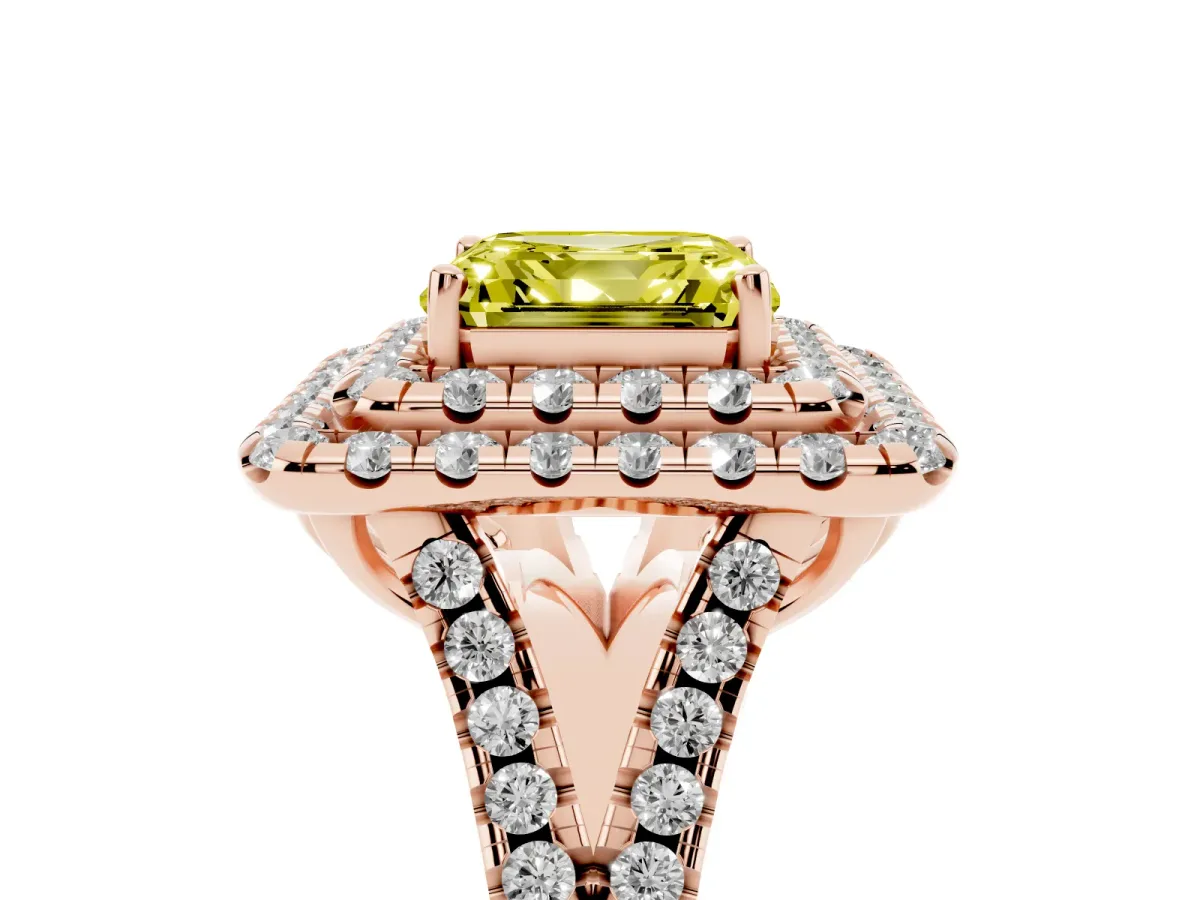 Fancy Yellow Double Halo Asscher Cut Diamond Pavé Split Shank Ring with Prong Setting Rose gold