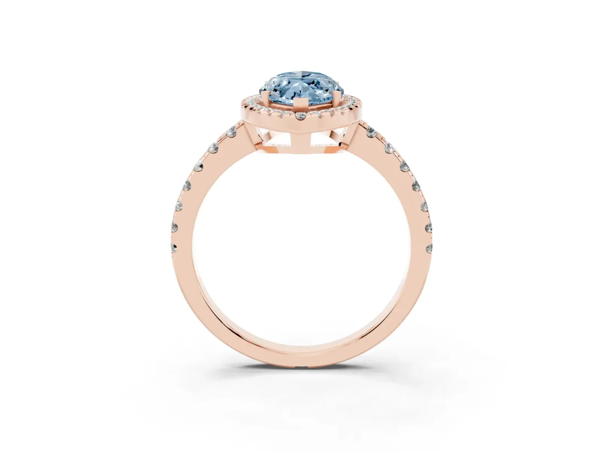 Fancy Blue Marquise Cut Diamond Halo Ring with Pavé Band and Four-Prong Setting Rose gold