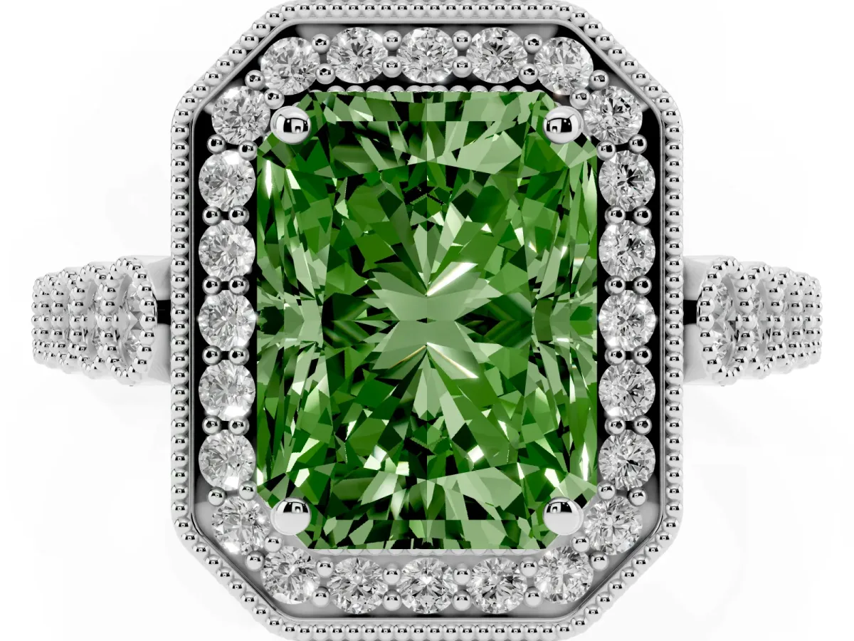 Fancy Green Radiant Cut Halo Milgrain Solitaire with Bezel Set Side Stones and Pave Band Silver