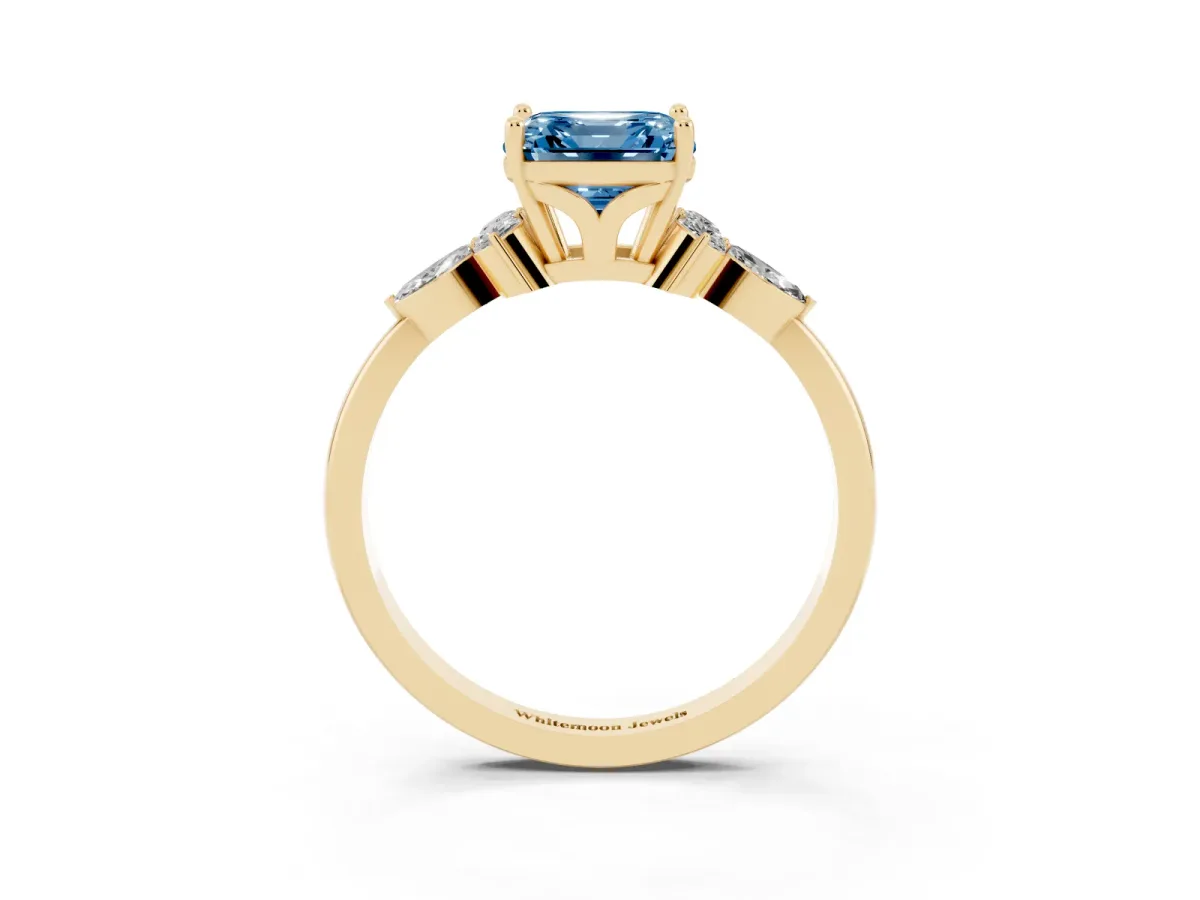 Fancy Blue Asscher Cut Brilliant Diamond Solitaire Ring with Pear Side Stones and Four-Prong Setting Yellow gold