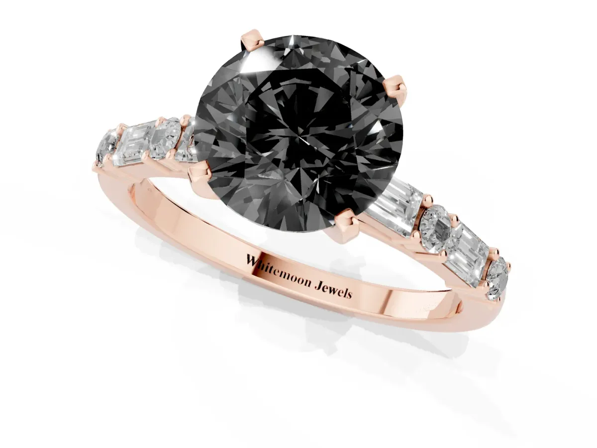 Fancy Black Round Cut Diamond Solitaire with Side Baguettes and Channel Set Band Rose gold