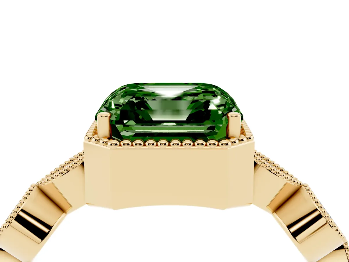 Fancy Green Asscher Cut Diamond Vintage Milgrain Ring with Round Stations Yellow gold