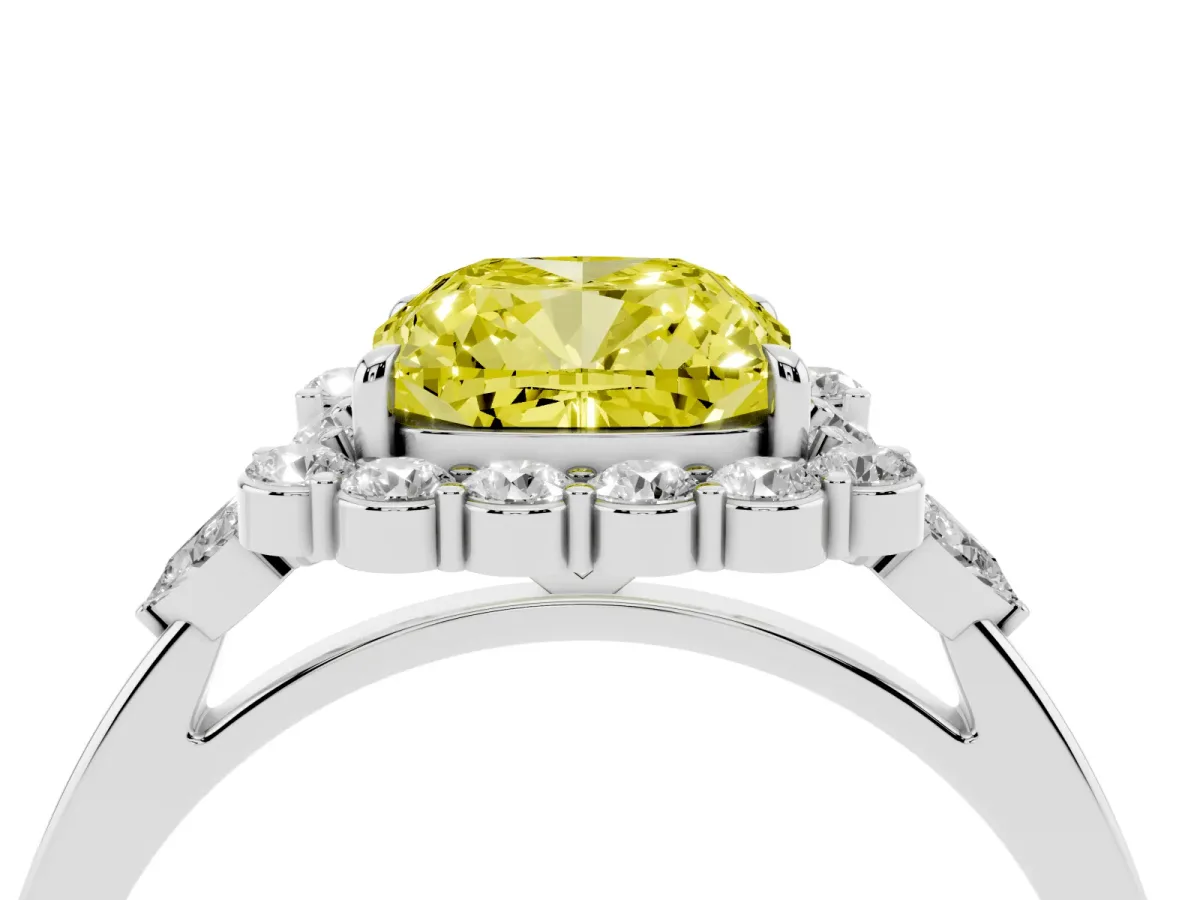 Fancy Yellow Cushion Cut Diamond Halo Ring with Pear Side Stones and Prong Setting Silver