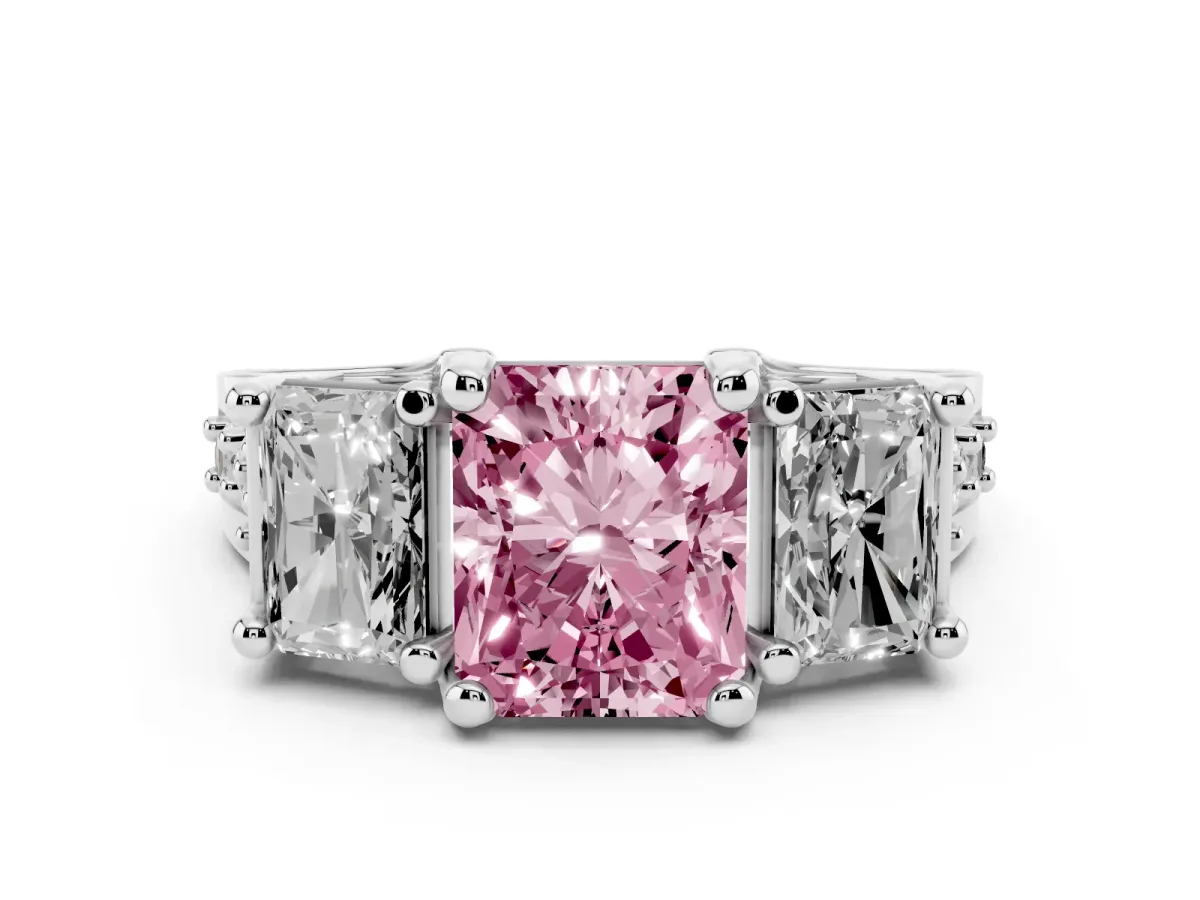 Fancy Pink Radiant Cut Diamond Three-Stone Ring with Channel Set Band and Four-Prong Setting Silver