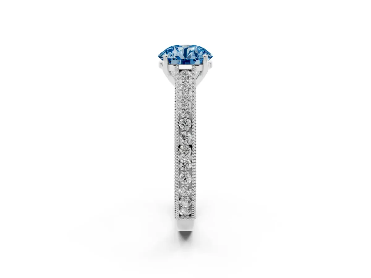 Fancy Blue Round Cut Cut Pave Band Milgrain Solitaire Ring Silver