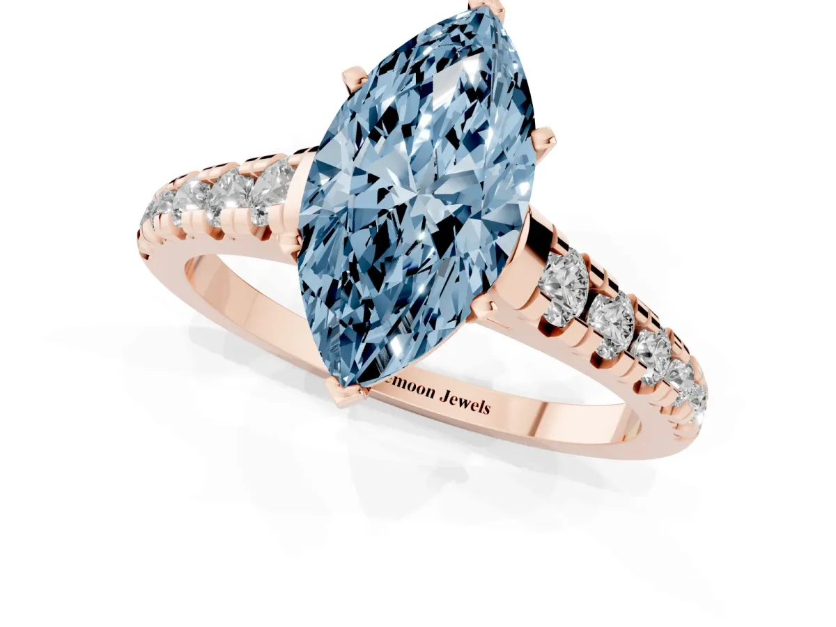 Fancy Blue Marquise Cut Diamond Cathedral Solitaire Ring with Round Pavé Band Rose gold