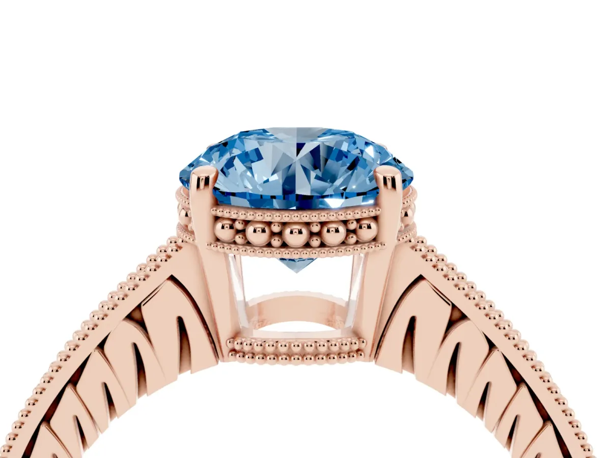 Fancy Blue Round Cut Solitaire Pavé Diamond Milgrain Engagement Ring with Four-Prong Setting Rose gold