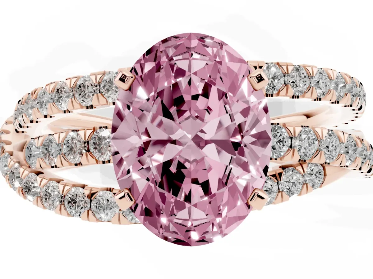 Fancy Pink Oval Cut Solitaire Twist Band with Pavé Setting and Four-Prong Setting Rose gold