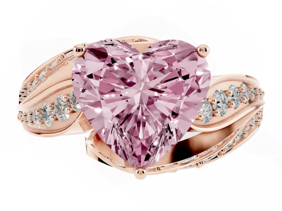 Fancy Pink Heart Cut Diamond Solitaire Ring with Prong Setting and Twisted Pavé Band Rose gold