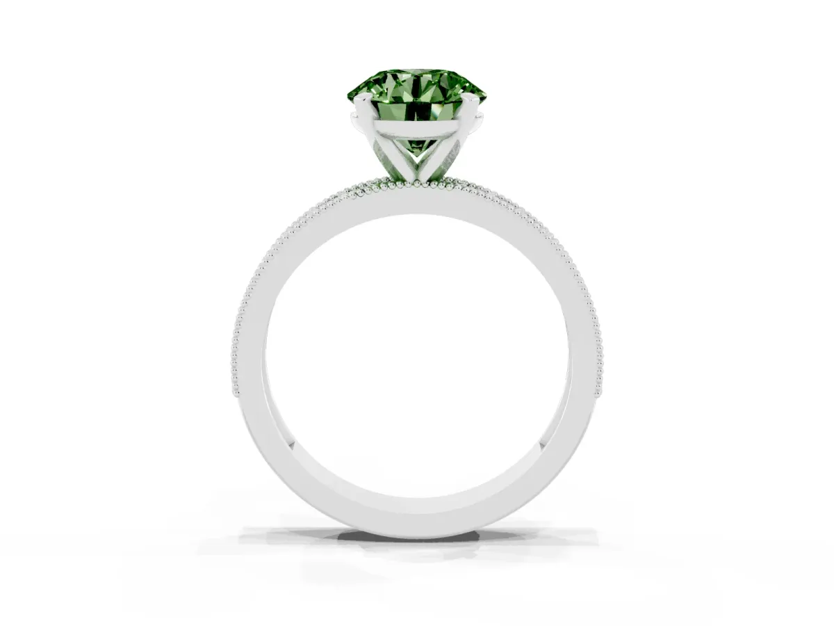 Fancy Green Round Cut Diamond Milgrain Pavé Engagement Ring with Four-Prong Setting Platinum