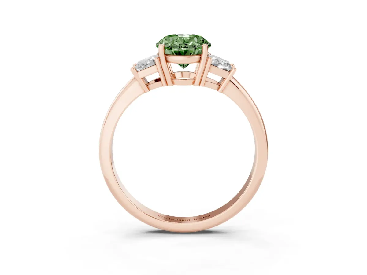 Fancy Green Oval Cut Diamond Three-Stone Ring with Trapezoid Side Stones and Prong Setting Rose gold
