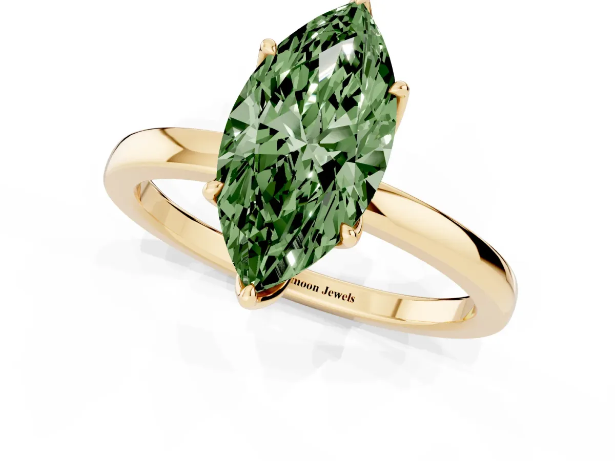 Fancy Green Marquise Cut Diamond Solitaire Ring with Thin Band and Prong Setting Yellow gold