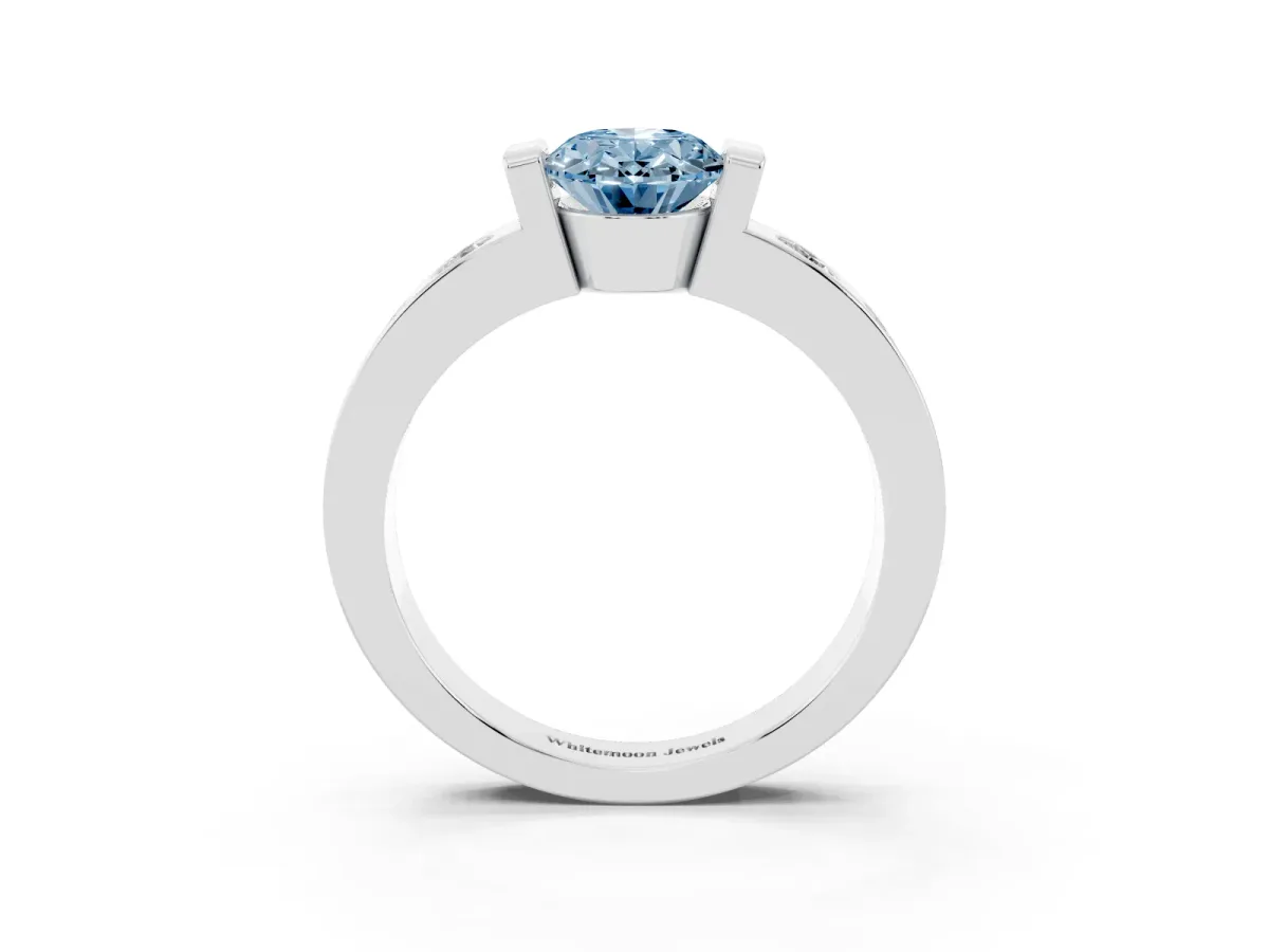 Fancy Blue Oval Cut Brilliant Channel-Set Diamond Ring with Bezel Prong Setting Silver
