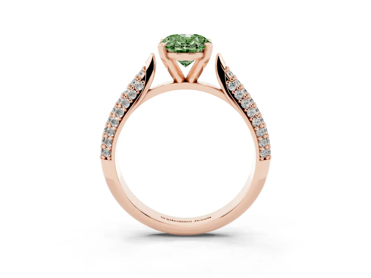 Fancy Green Oval Cut Diamond Solitaire Engagement Ring with Multi-Row Round Pavé Band and Prong Setting Rose gold
