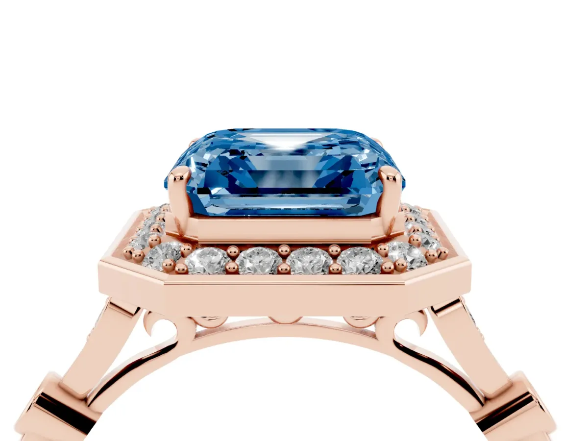 Fancy Blue Asscher Cut Halo Diamond Engagement Ring with Twisted Band and Four-Prong Setting Rose gold