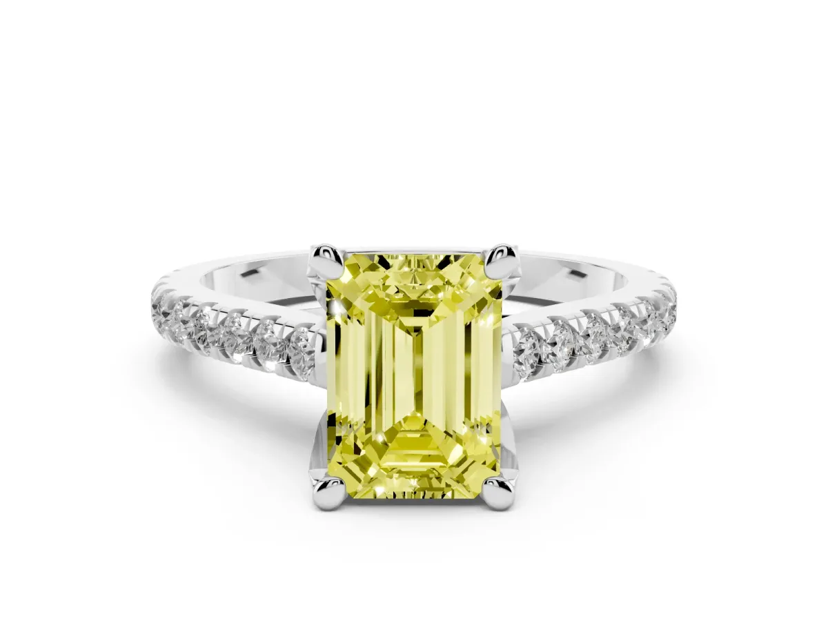Fancy Yellow Emerald Cut Brilliant Diamond Solitaire with Pavé Band and Four-Prong Setting Platinum
