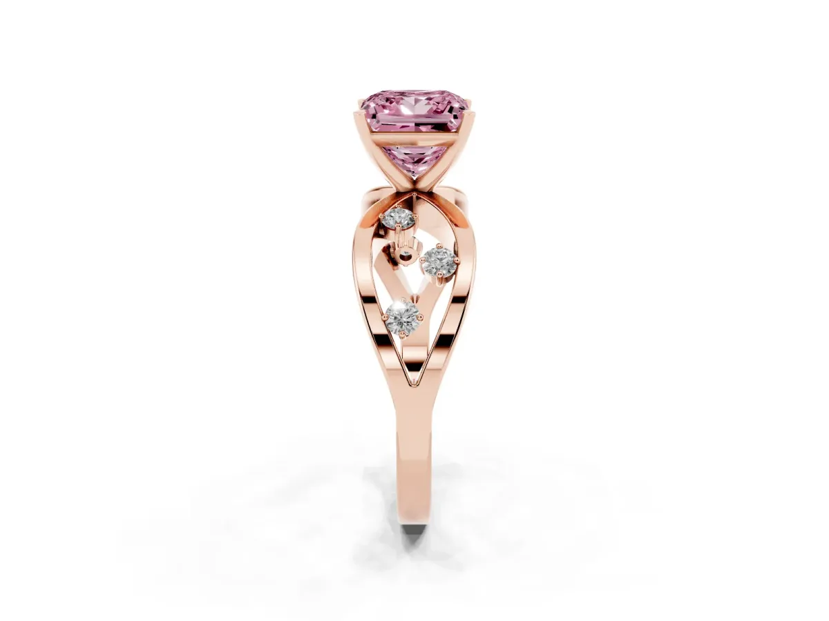 Fancy Pink Princess Cut Cut Solitaire Diamond with Side Stones on Criss-Cross Band and Four-Prong Setting Rose gold