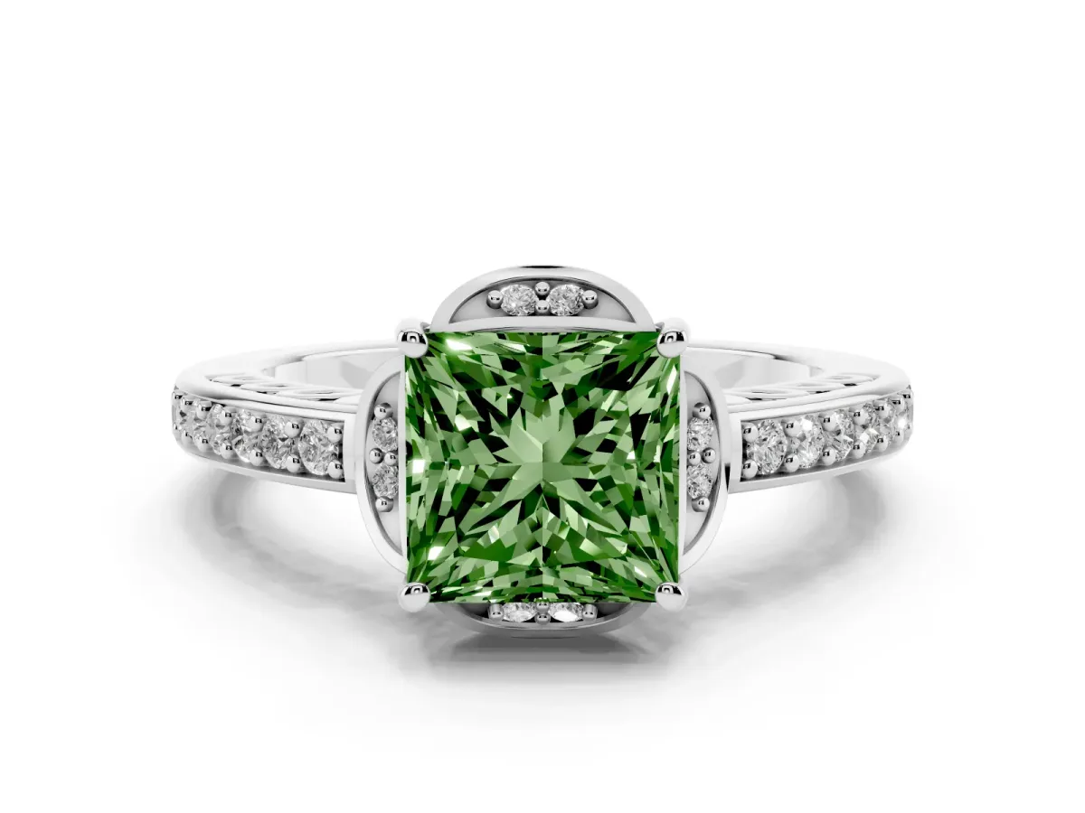Fancy Green Princess Cut Cut Halo Diamond Ring with Channel Set Band and Four-Prong Setting White gold