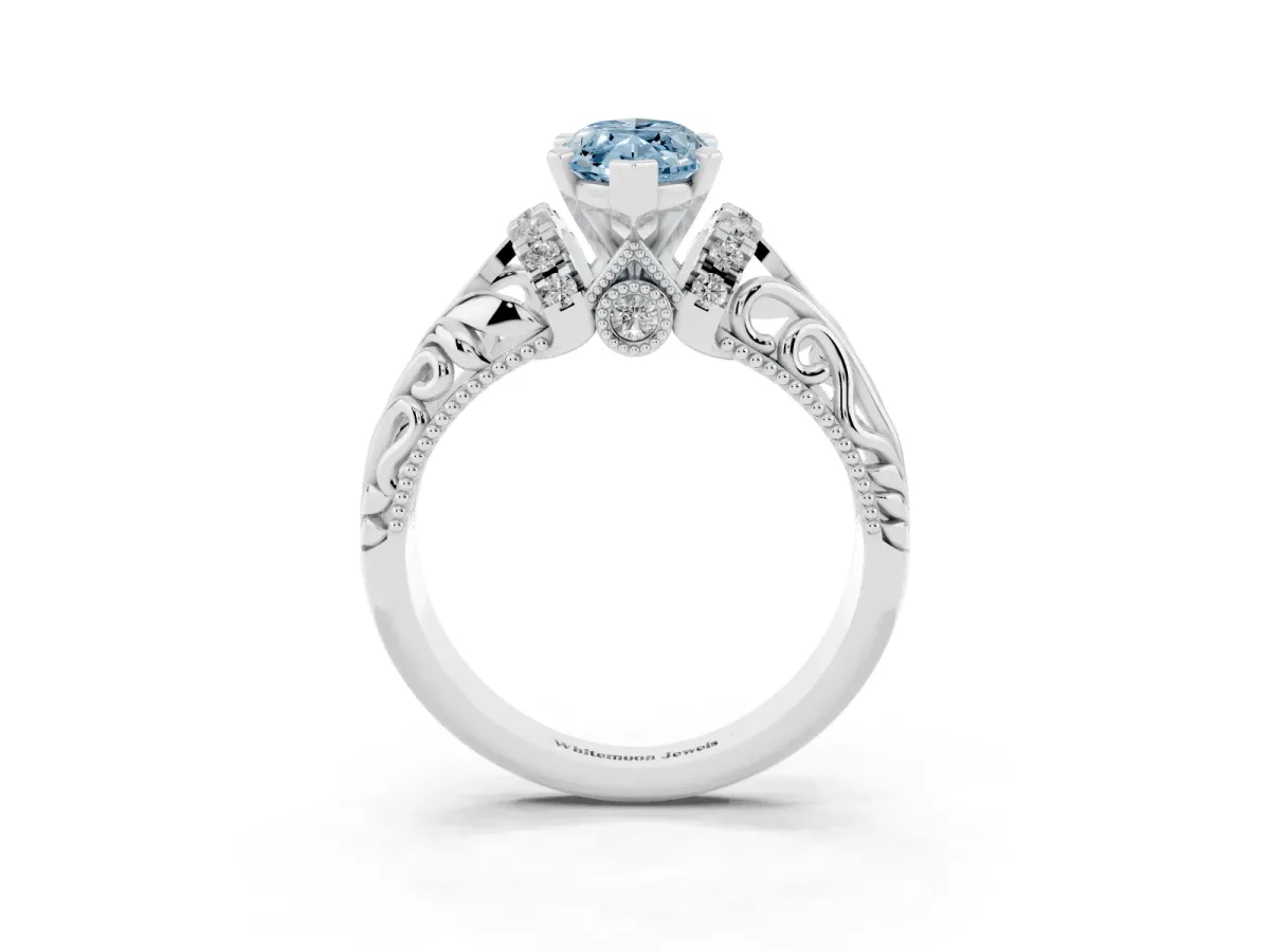 Fancy Blue Marquise Cut Solitaire Filigree Engagement Ring with Halo and Prong Setting Silver