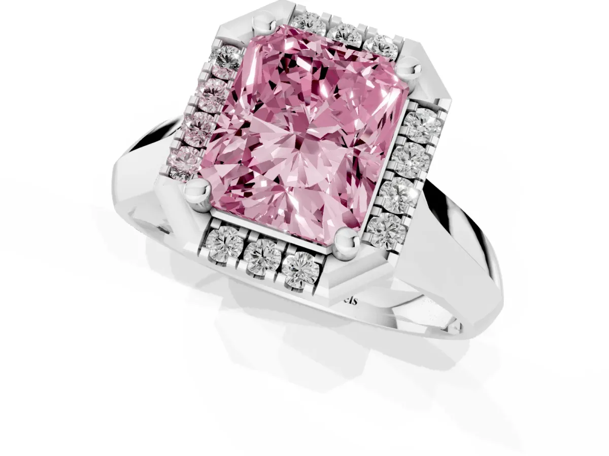 Fancy Pink Radiant Cut Cut Halo Solitaire Engagement Ring with Square Band and Four-Prong Setting White gold