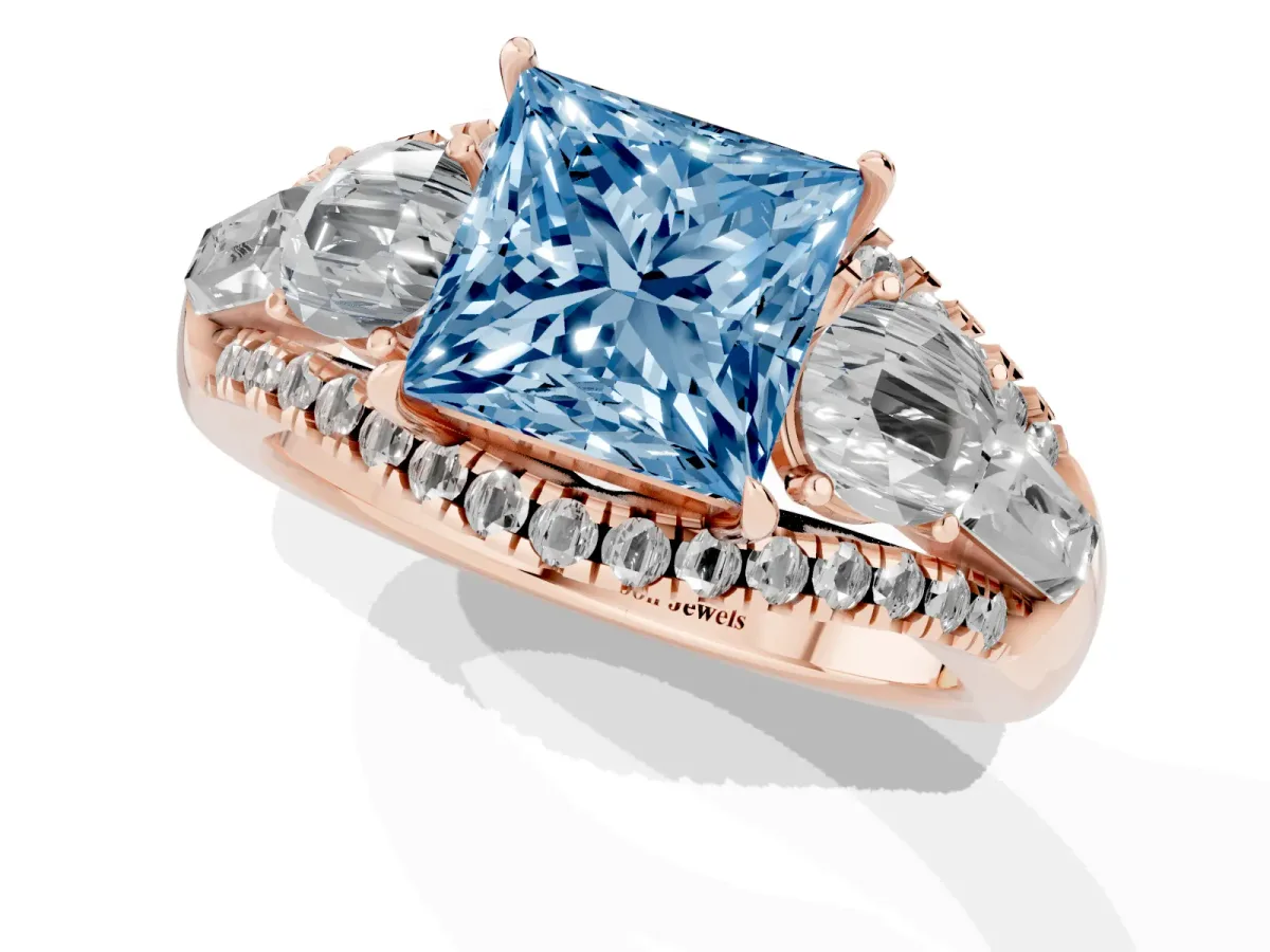 Fancy Blue Three-Stone Princess Cut Diamond Engagement Ring with Pave Band and Prong Setting Rose gold