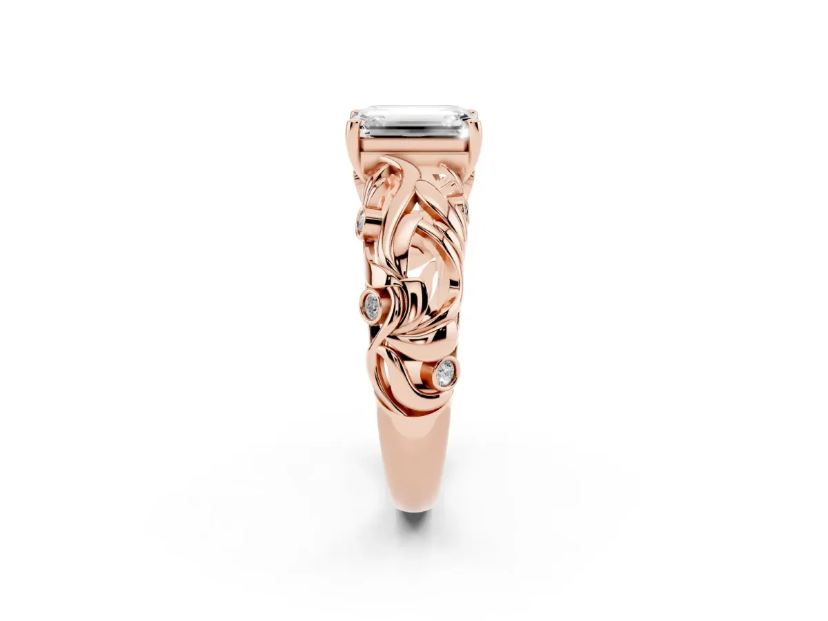 Emerald Cut Solitaire Diamond Leaf-Inspired Vine Band Ring with Prong Setting Rose gold