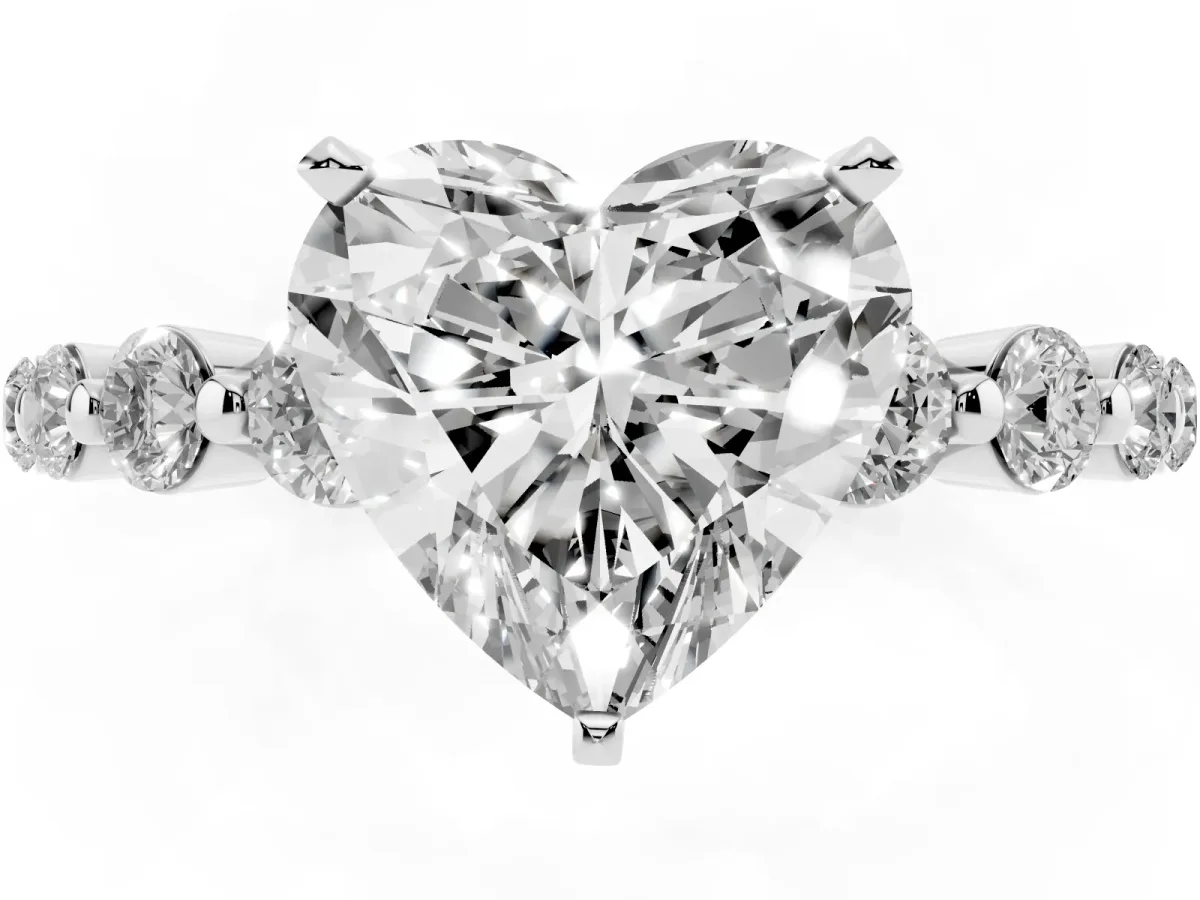 Heart Cut Solitaire Diamond Ring with Pave Band and Four-Prong Setting Silver