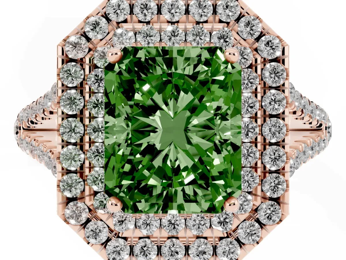 Fancy Green Radiant Cut Diamond Double Halo Ring with Pavé Band and Prong Setting Rose gold