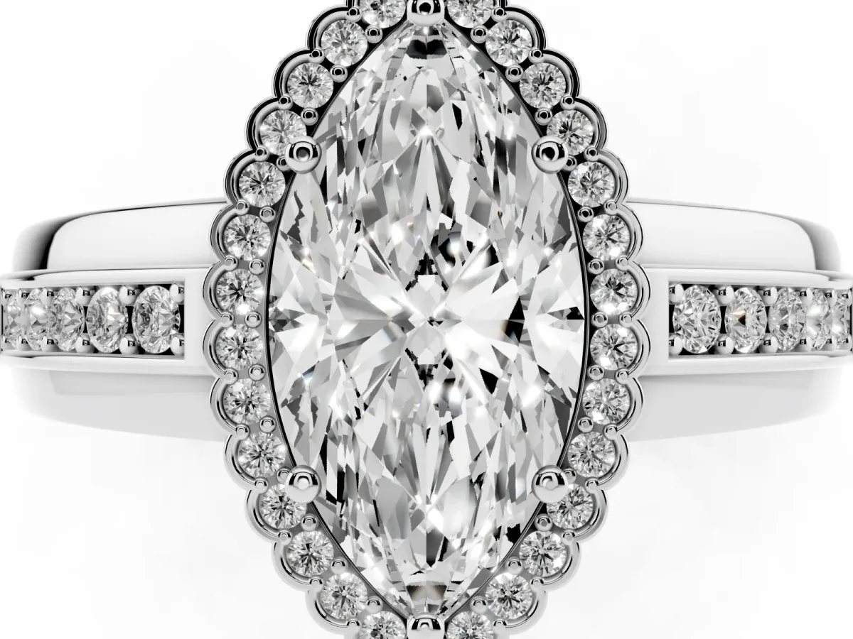 Marquise Cut Cut Halo Pave Band Four-Prong Ring White gold