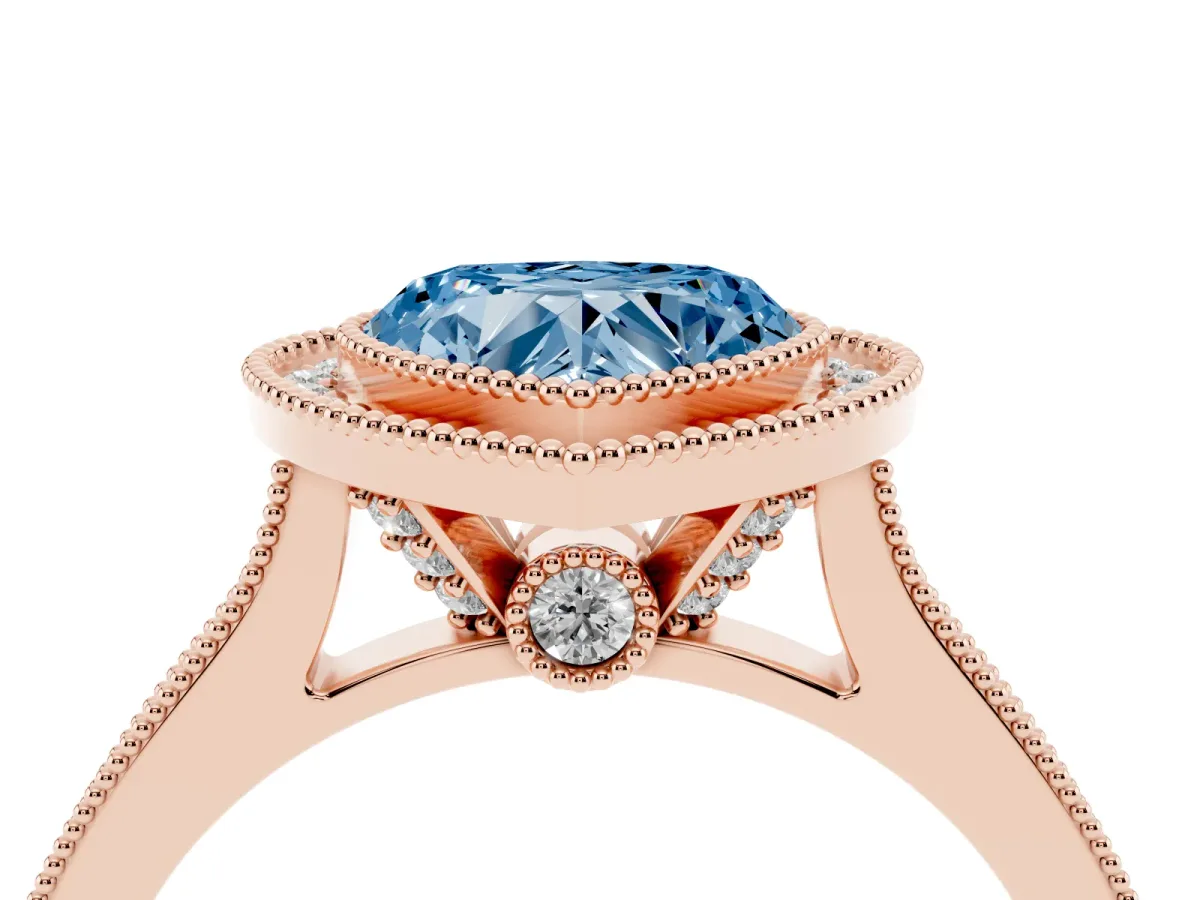 Fancy Blue Halo Heart Cut-Cut Diamond Pave Band Milgrain Prong Setting Ring Rose gold