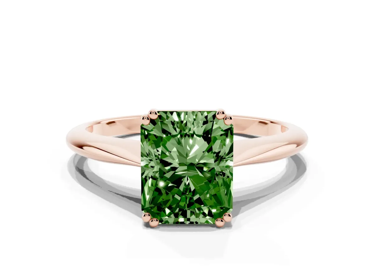 Fancy Green Radiant Cut Solitaire Diamond Ring with Six-Prong Setting and Classic Band Rose gold