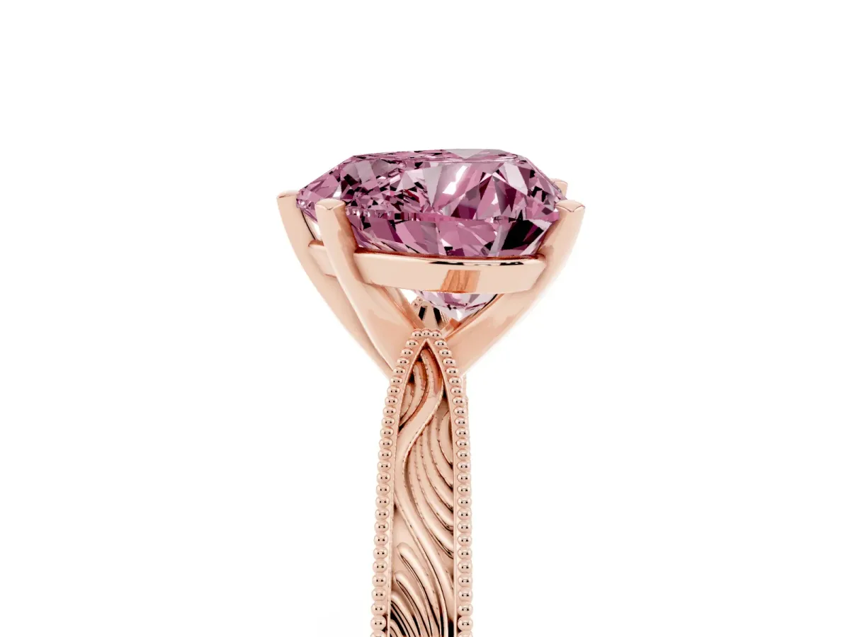 Fancy Pink Heart Cut Solitaire Milgrain Engraved Band with Four-Prong Setting Rose gold