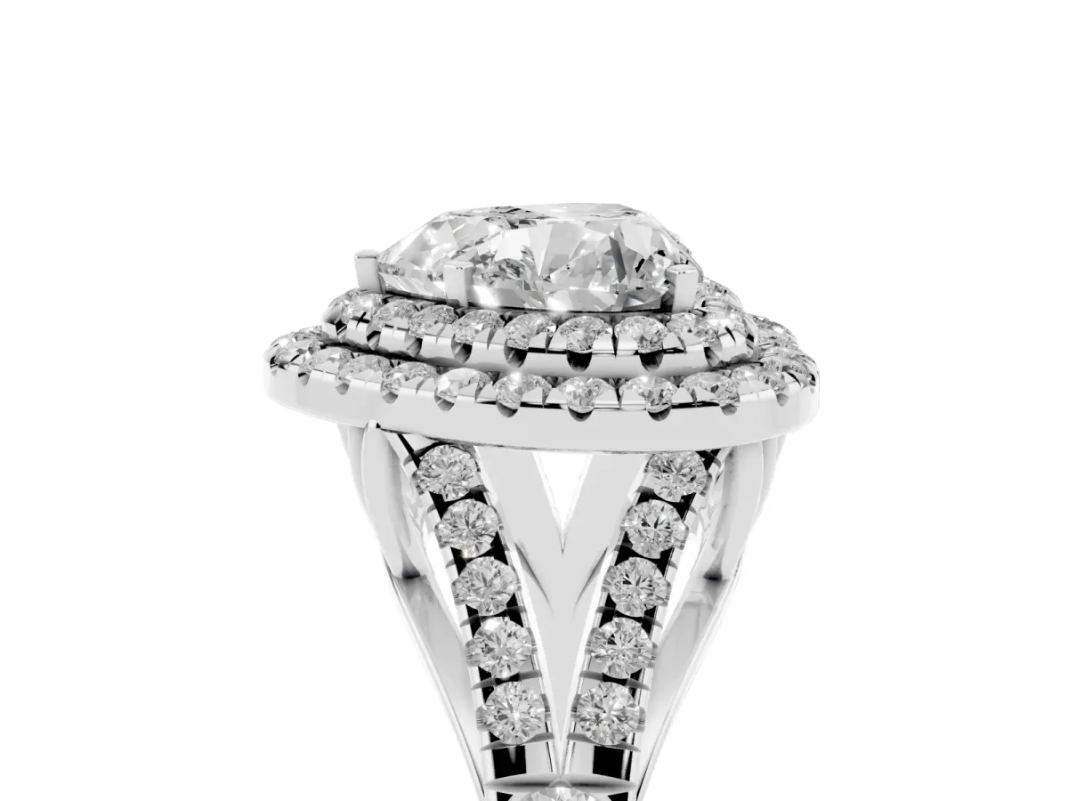 Double Halo Heart Cut Diamond Split Shank Engagement Ring with Four-Prong Setting Silver